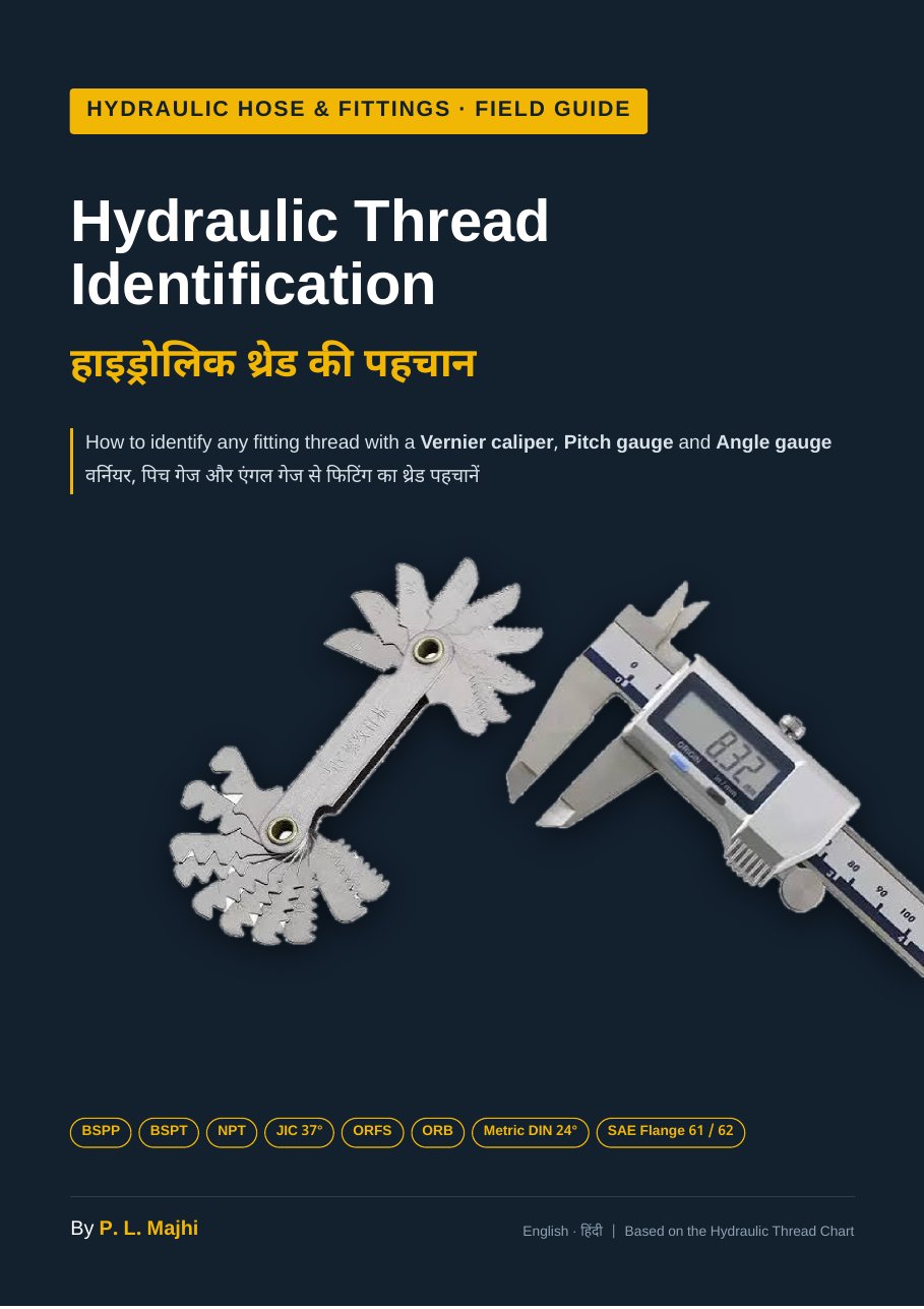 Cover of the eBook Hydraulic Thread Identification by P. L. Majhi, showing a pitch gauge and a digital vernier caliper, with thread types BSPP, BSPT, NPT, JIC 37°, ORFS, ORB, Metric DIN 24° and SAE Flange 61/62.